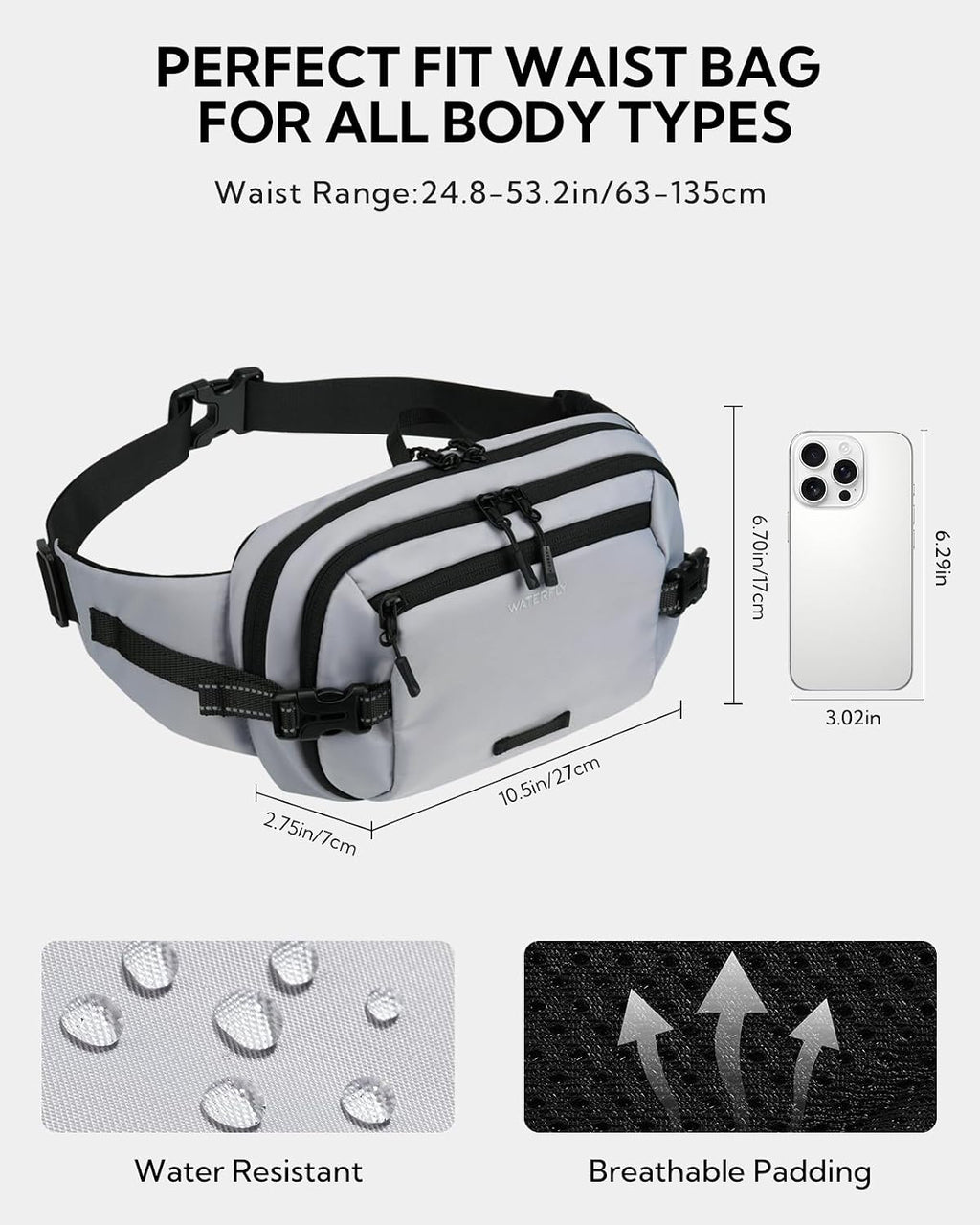 WATERFLY Fanny Pack Waist Bag: 3L Large RFID Anti-Theft for Travel