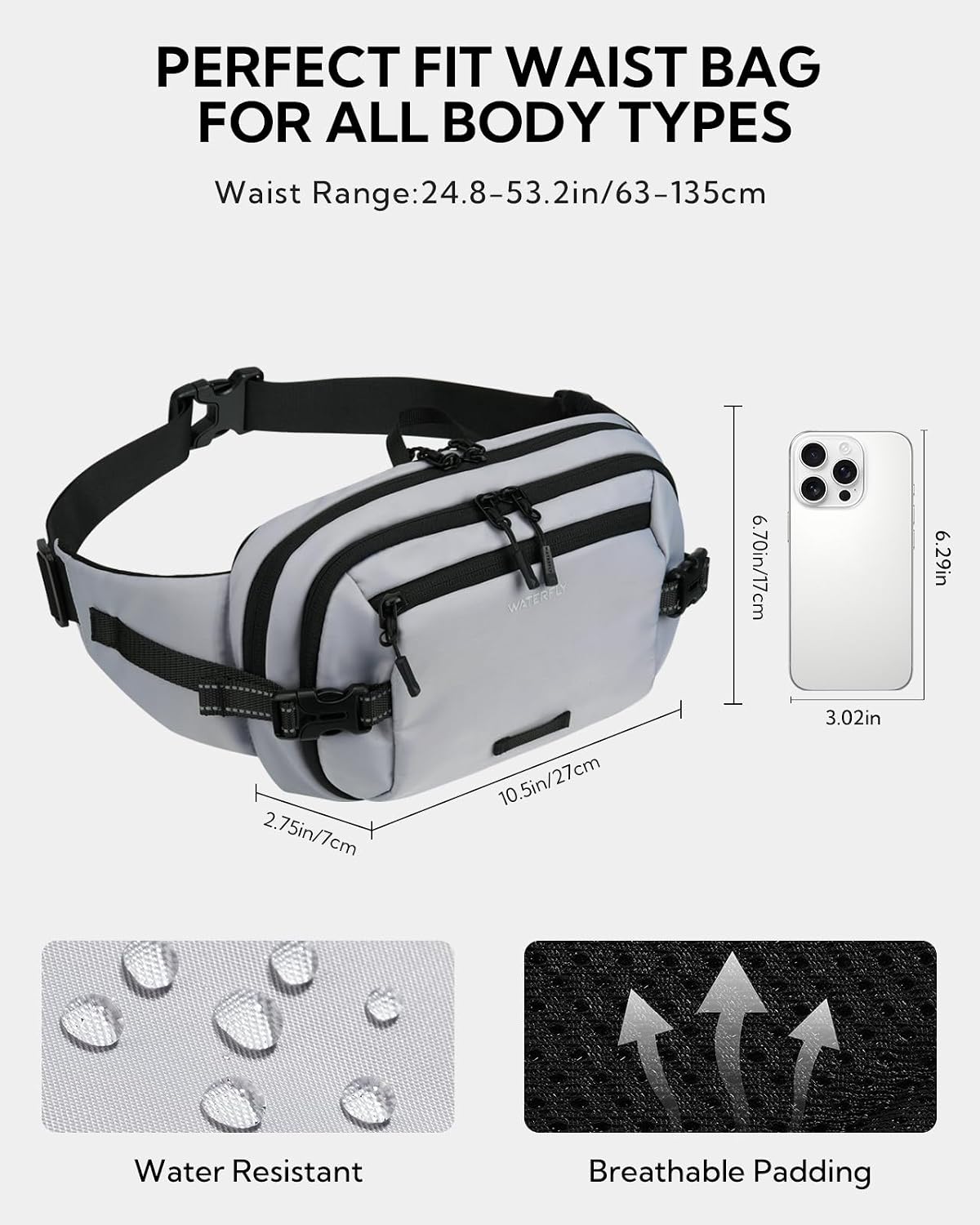 WATERFLY Fanny Pack Waist Bag: 3L Large RFID Anti-Theft for Travel