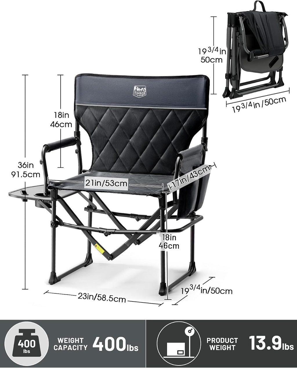 TIMBER RIDGE 400lbs Heavy Duty Camping Chair Portable Directors Chair