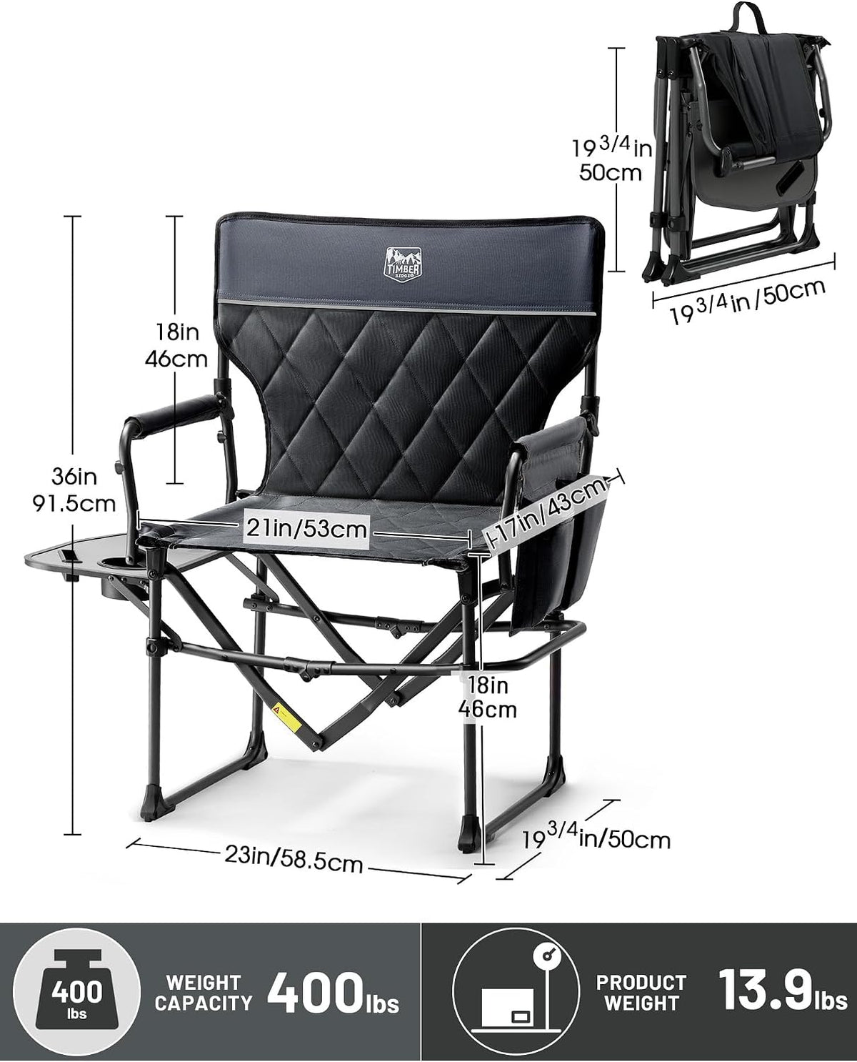 TIMBER RIDGE 400lbs Heavy Duty Camping Chair Portable Directors Chair