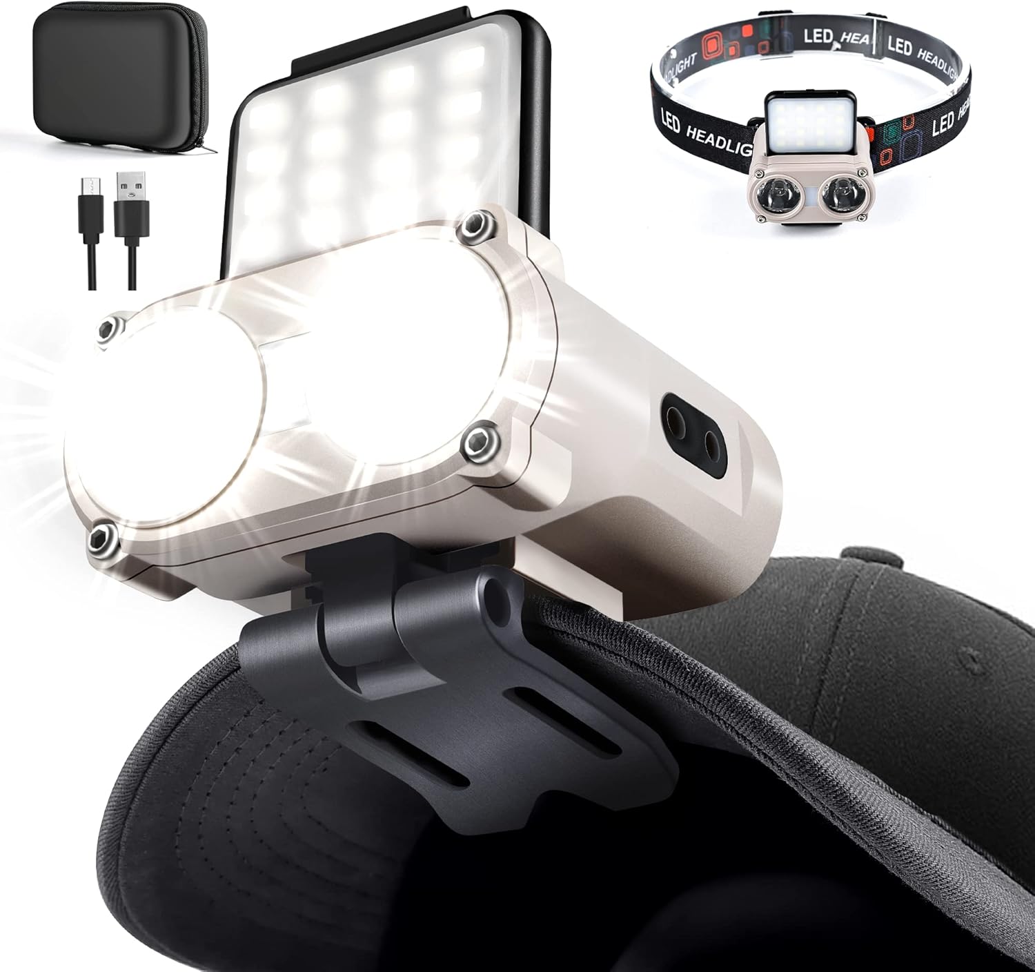 Hopedone 2-in-1 Rechargeable Headlamp & Hat Light, 800LM Clip-On Cap Light