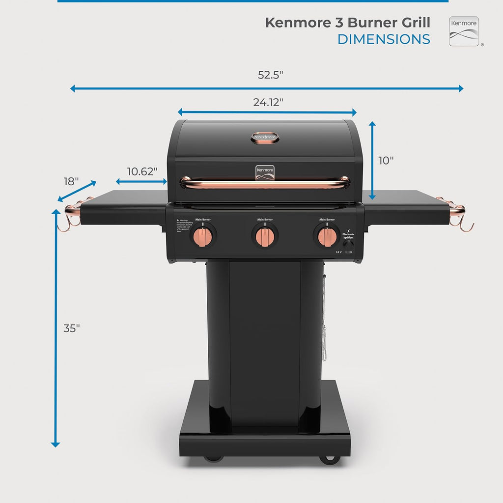 Kenmore 3-Burner Gas Grill | Foldable Side Tables, Cast Iron Cooking Grates, Warming Rack, Hooks for BBQ Grilling Tools, Propane Gas Barbecue Grill, 30,000 BTUs, Black with Copper Accent
