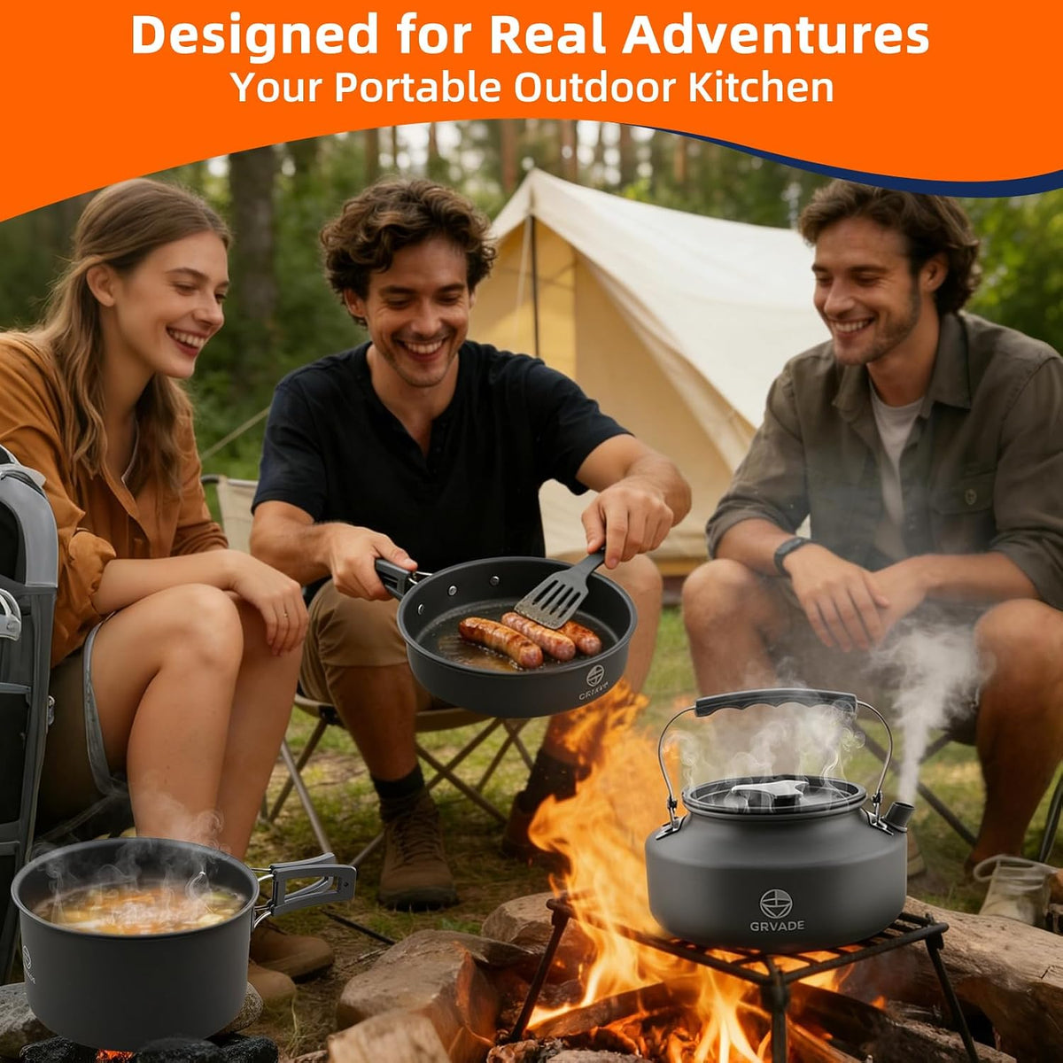 Camping Cookware Set 17 pcs Camping Cooking 0.30G Kettle 0.45G Pot 7 in Pan and 2pcs Stainless Steel Cups Plates Forks Knives Spoons Bag for 1-2 People Backpacking Hiking Picnic