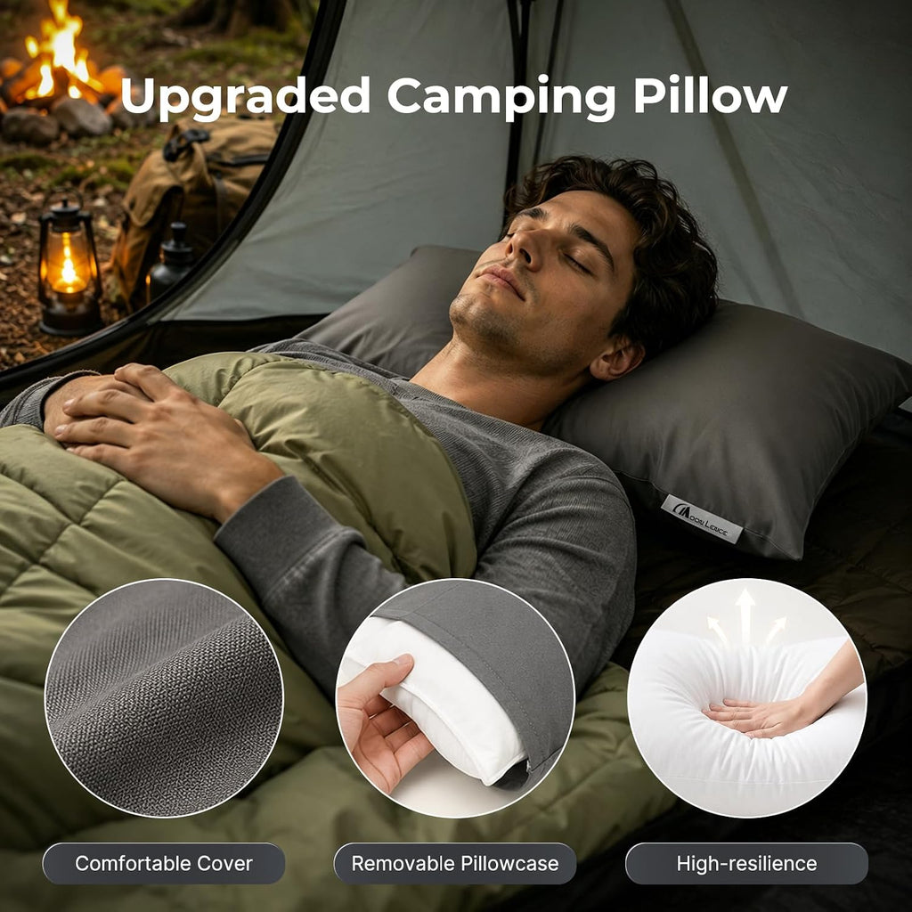 MOON LENCE Camping Pillows 2 Pack, Compressible Camp Pillow with Washable Cover & Carry Bag, Plush Filled Backpacking Pillow for Hiking, Travel, Sleeping 12"x16" Light Grey