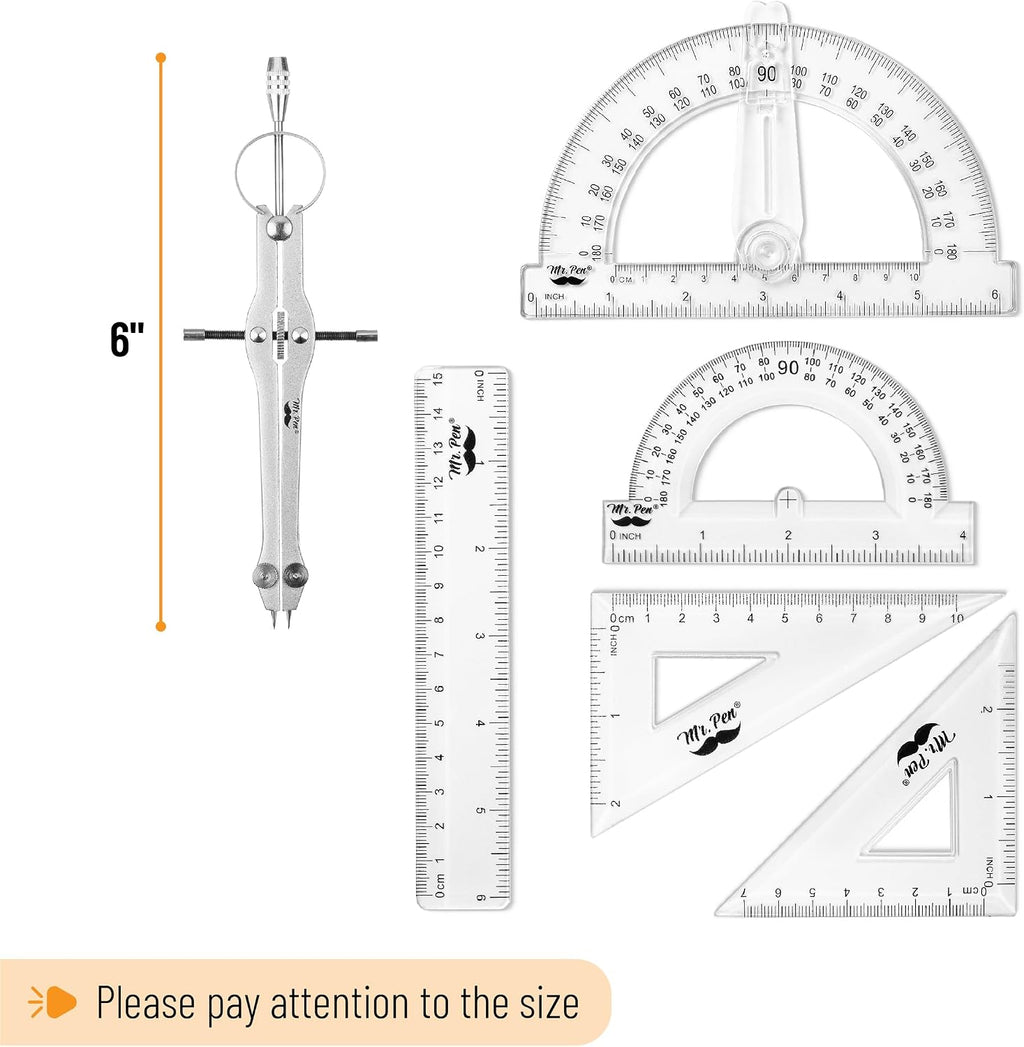 Mr. Pen- Geometry Set, 15 pcs, Light Blue, 6 Inch Swing Arm Protractor