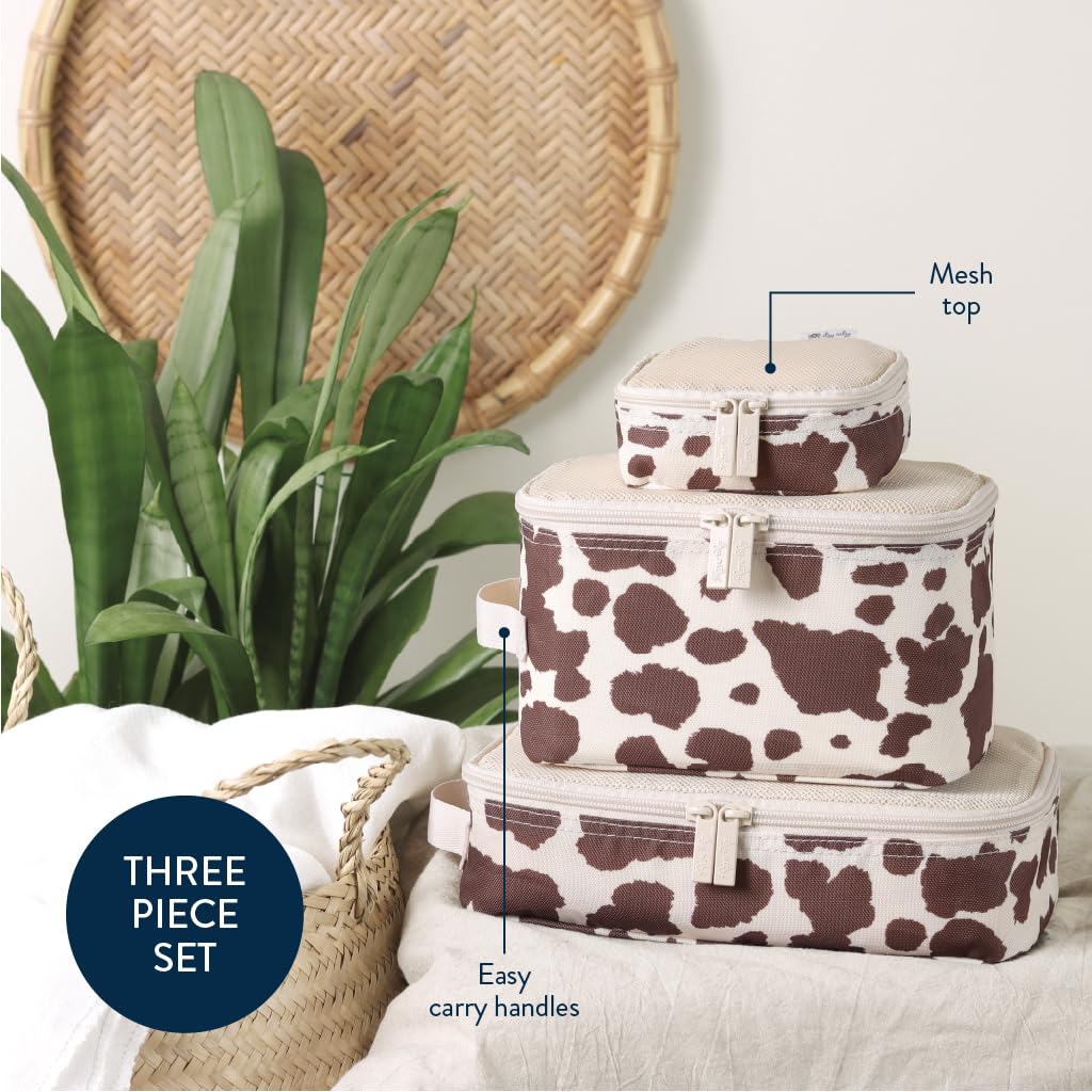 Itzy Ritzy Packing Cubes for Travel, Set of 3 Travel Organizers (Cow Print)