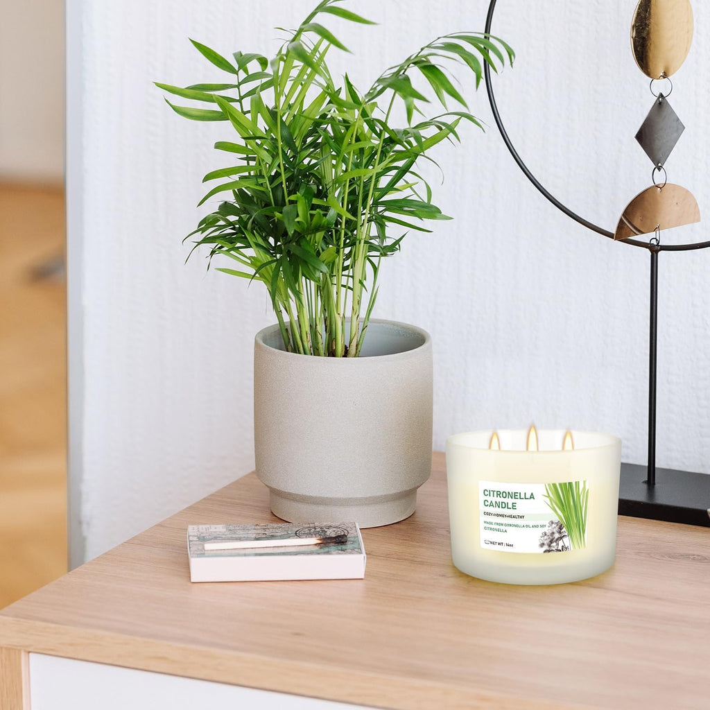 Citronella Candle Set of 2, 14oz Frosted Jar Triple-Wick, Clean & Smokeless for Outdoor Patio, Garden, Deck, Porch Ambiance with Natural Citronella Scent
