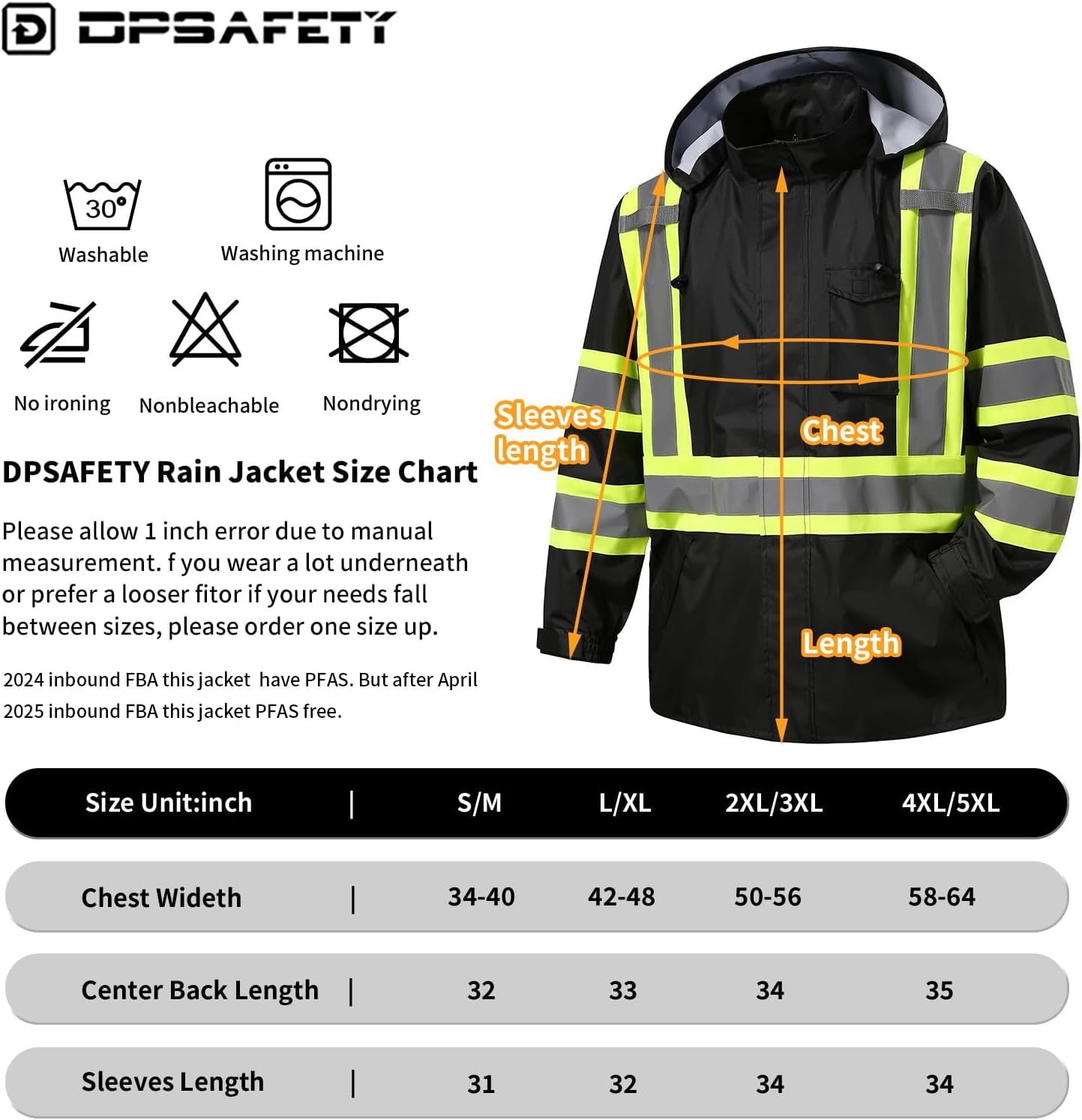Reflective Rain jackets for men waterproof,Hi Vis Safety Coat With Reflective Strips，High Visibility Class 3 Rain jackets With 2 large pockets，Zipper,Black ，4XL/5XL