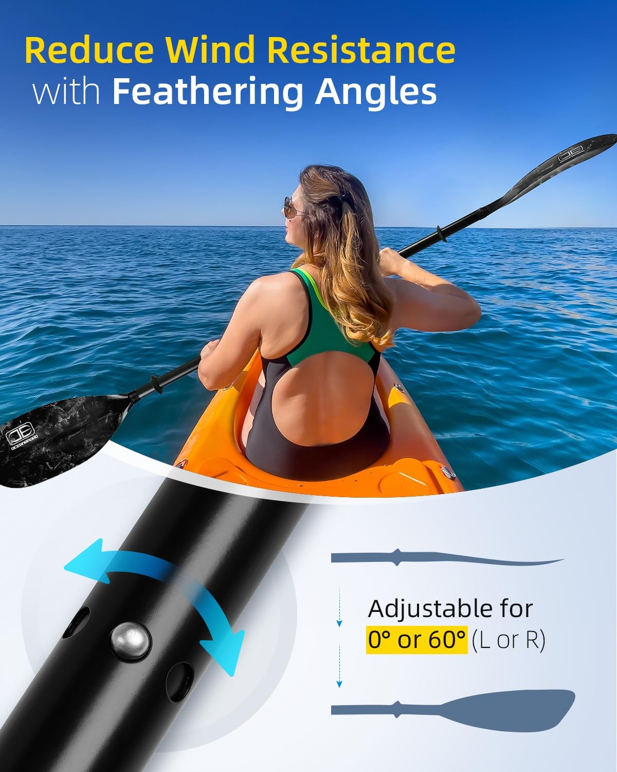 OCEANBROAD Kayak Paddle 86in/218cm, 90.5in/230cm Alloy Shaft 2-Piece Floatable Kayak Oar for Kayaking Canoeing Boating