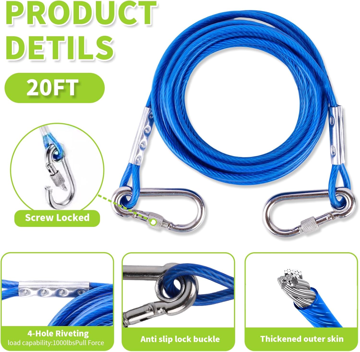 Dog Stakes for Outside & Yard - Heavy Duty Dog Tie Out Stake with 20FT Cable, 720° Anti-Tangle System & Locking Carabiners - Camping Composite Materials Ground Anchor(Dog Stake + 20ft Cable)