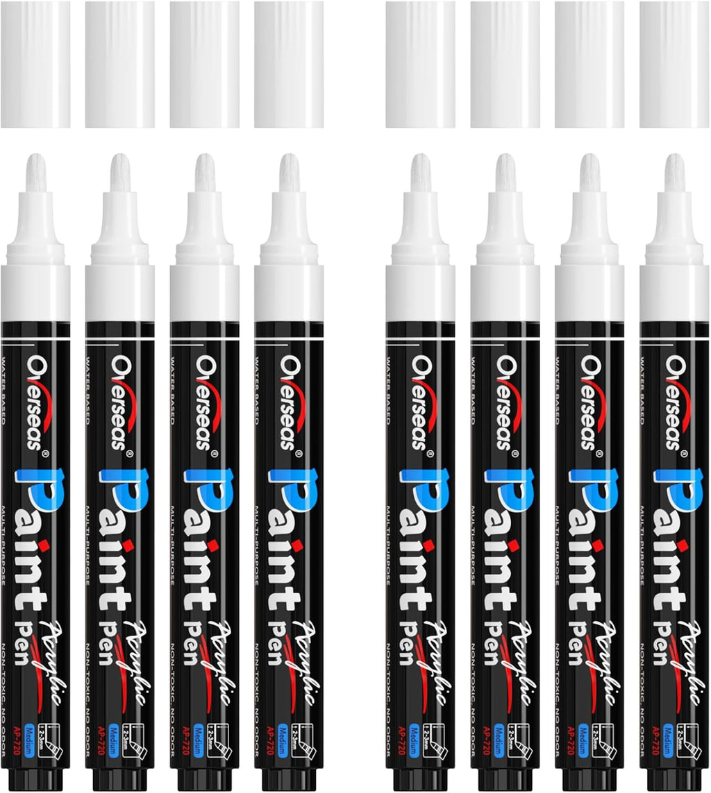 Overseas White Acrylic Paint Markers 8 Pack, Medium Tip Paint Pens