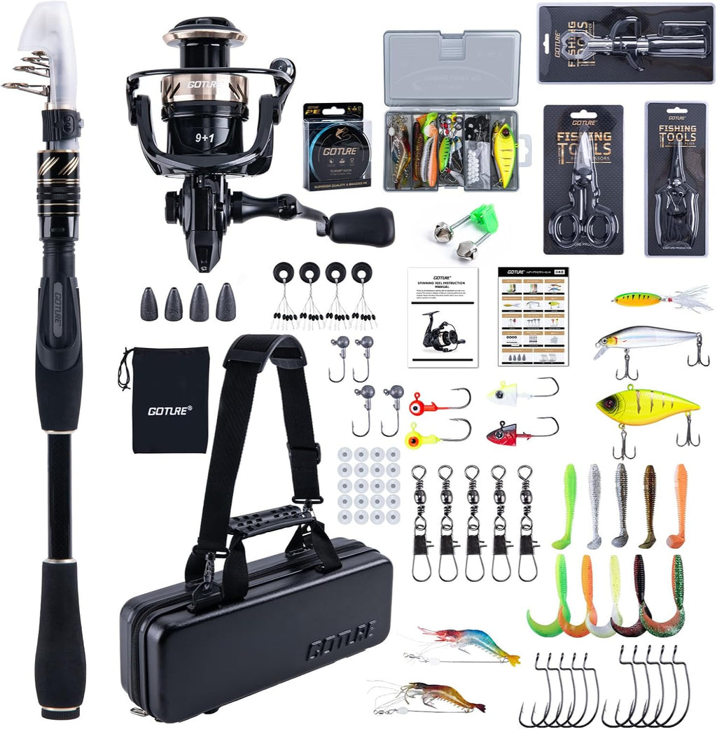 GOTURE Telescopic Fishing Rod and Reel Combos, Carbon Fiber Travel Fishing Pole, 9+1 BB Spinning Reel, Saltwater Freshwater Fishing Gear Kit with Braided Line, Lures, Carrier Bag for Bass Trout