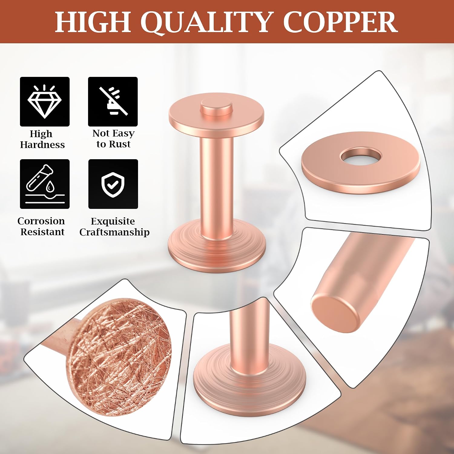 Funria 104PCS Copper Rivets for Leather 5 Size of Copper Rivets and Burrs Leather Rivets Kit with Setter Tool Rivets Fastener and Punch Leathercraft Supplies for Belts Wallets Collars DIY (50 Sets)