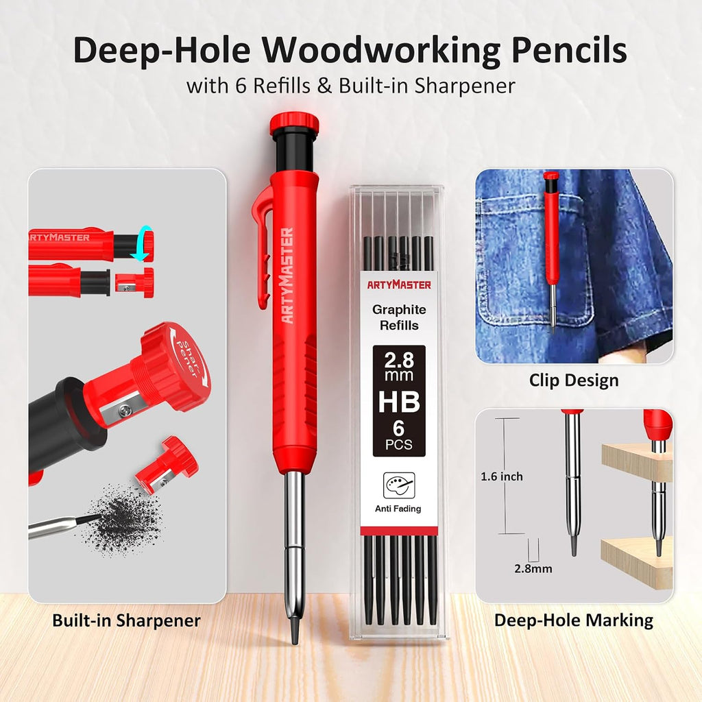 8 inch 3D Multi-Angle Measuring Square Ruler, WT103C High Precision Hole Scribing Woodworking Tools, 0-90° Aluminum Alloy Carpenter Square with Stair Gauges, Carpenter Pencils 6 Refills.