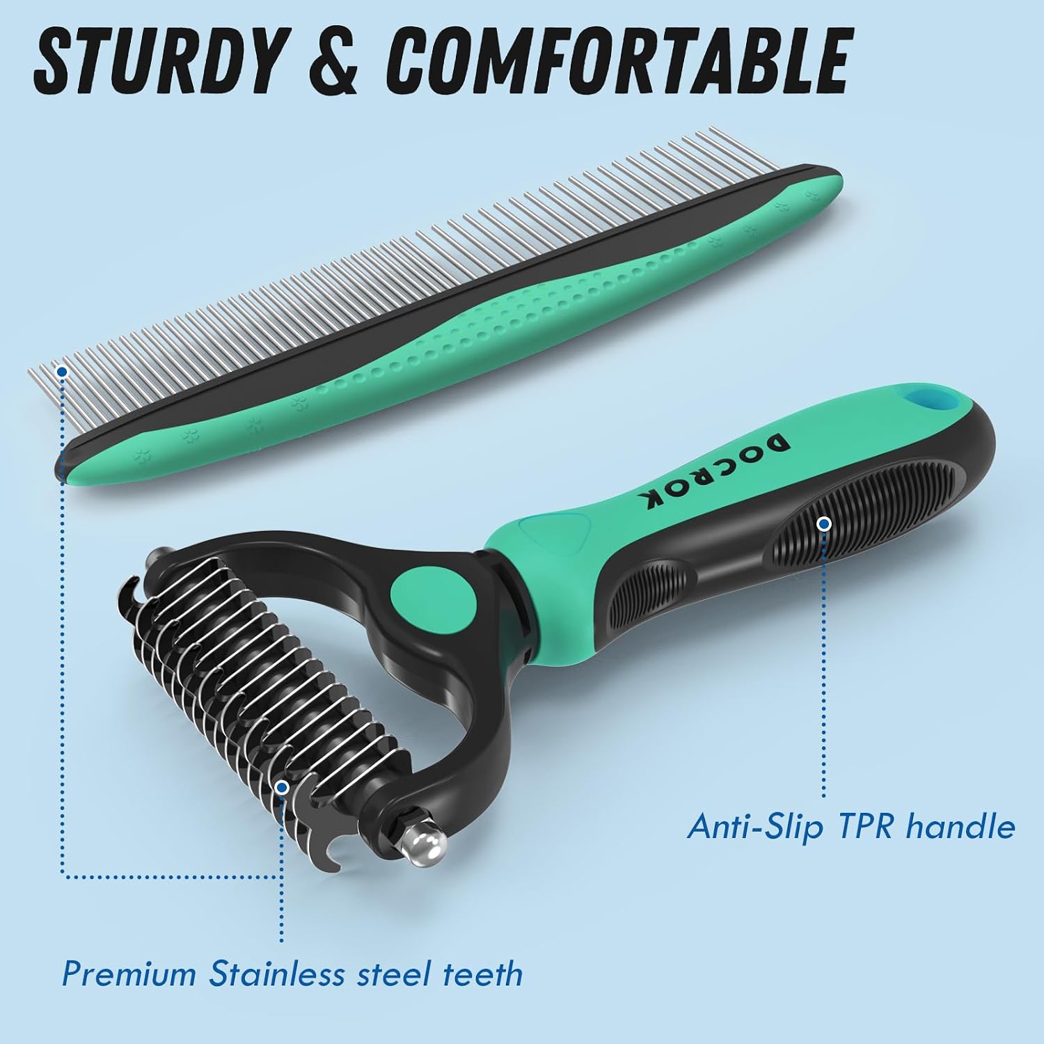 Docrok Pet Grooming Brush and Metal Comb Combo for Dogs & Cats, Green