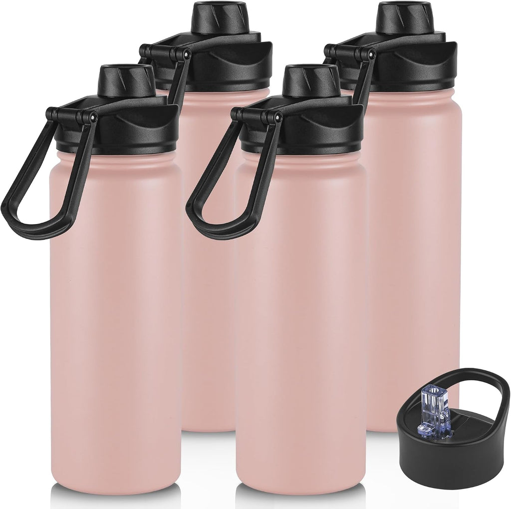 VEGOND 32 oz Insulated Water Bottle Bulk Stainless Steel Metal Water Bottles with Leak Proof Straw Lid & Spout Lid, Wide Mouth Double Walled Vacuum Travel Sports Bottle, 4 Pack