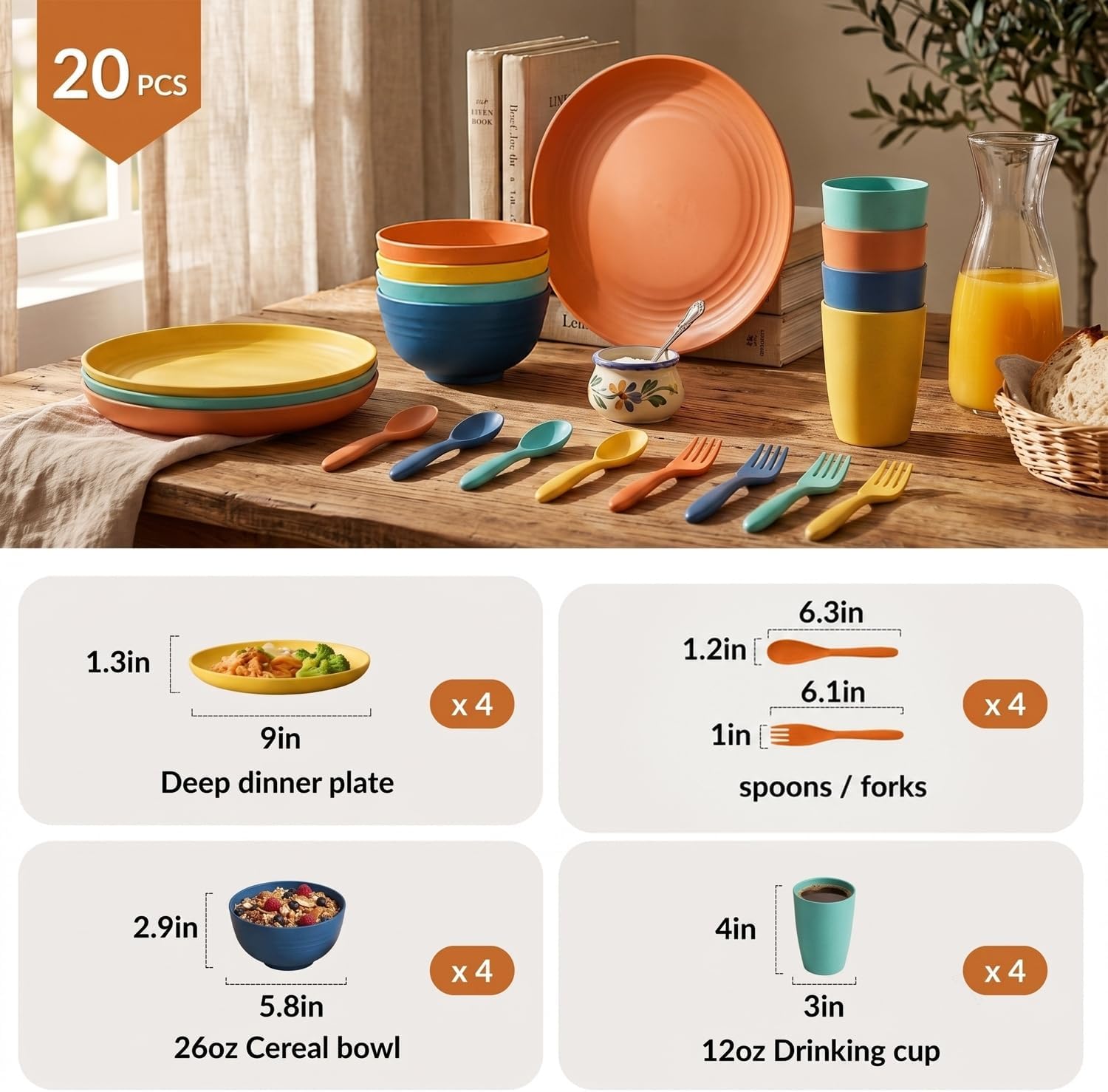 Homienly Wheat Straw Plates and Bowls Sets Unbreakable Dinnerware Set 20 PCS Dish Set for Camping, Party, Picnic Microwave and Dishwasher Safe Kitchen Dinner Set Apartment Essentials (Multicolor)