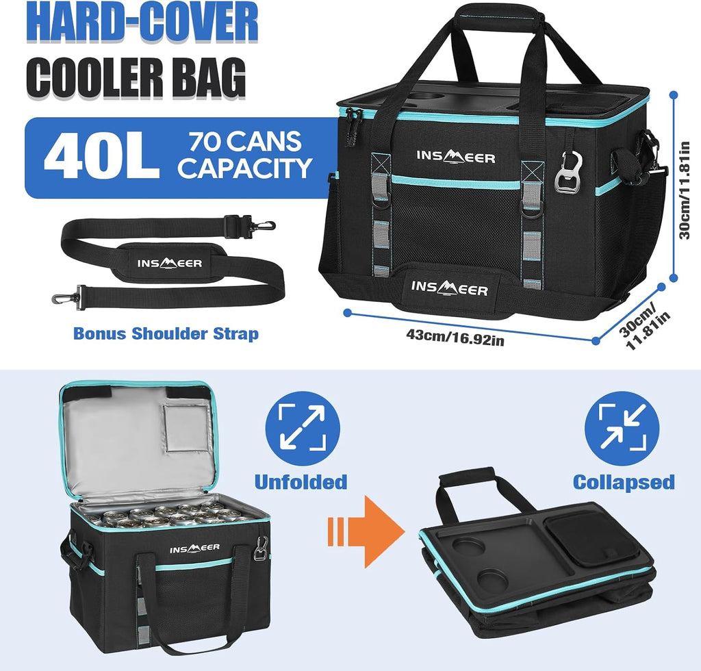 INSMEER Soft Cooler Bag with Hard Shell & 2 Cup Holders, Portable 40L/70 Cans Collapsible Cooler Bags Insulated with Leakproof for Travel, ice chests and Cooler Lunch Box for Beach Camping Picnic