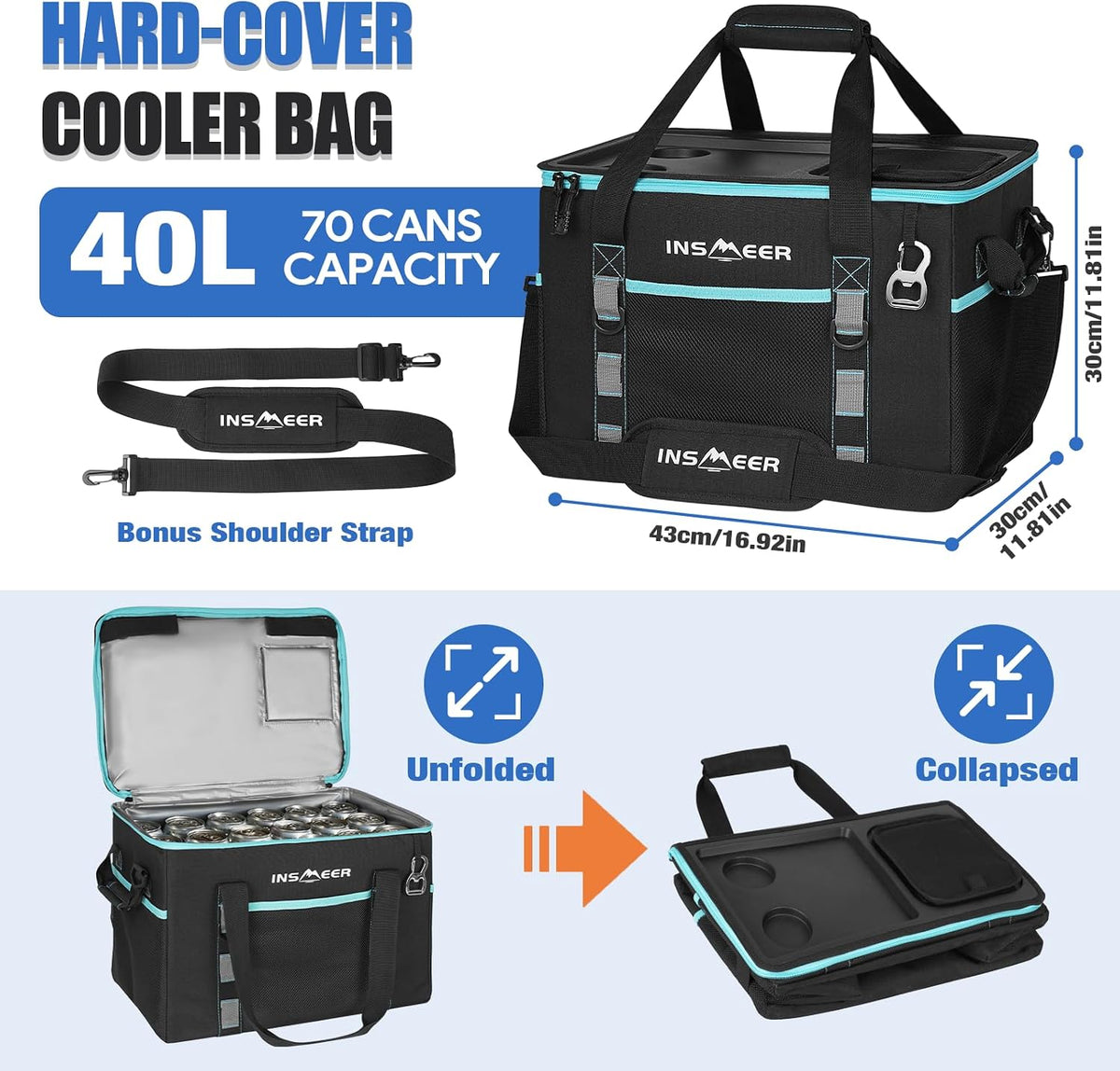 INSMEER Soft Cooler Bag with Hard Shell & 2 Cup Holders, Portable 40L/70 Cans Collapsible Cooler Bags Insulated with Leakproof for Travel, ice chests and Cooler Lunch Box for Beach Camping Picnic