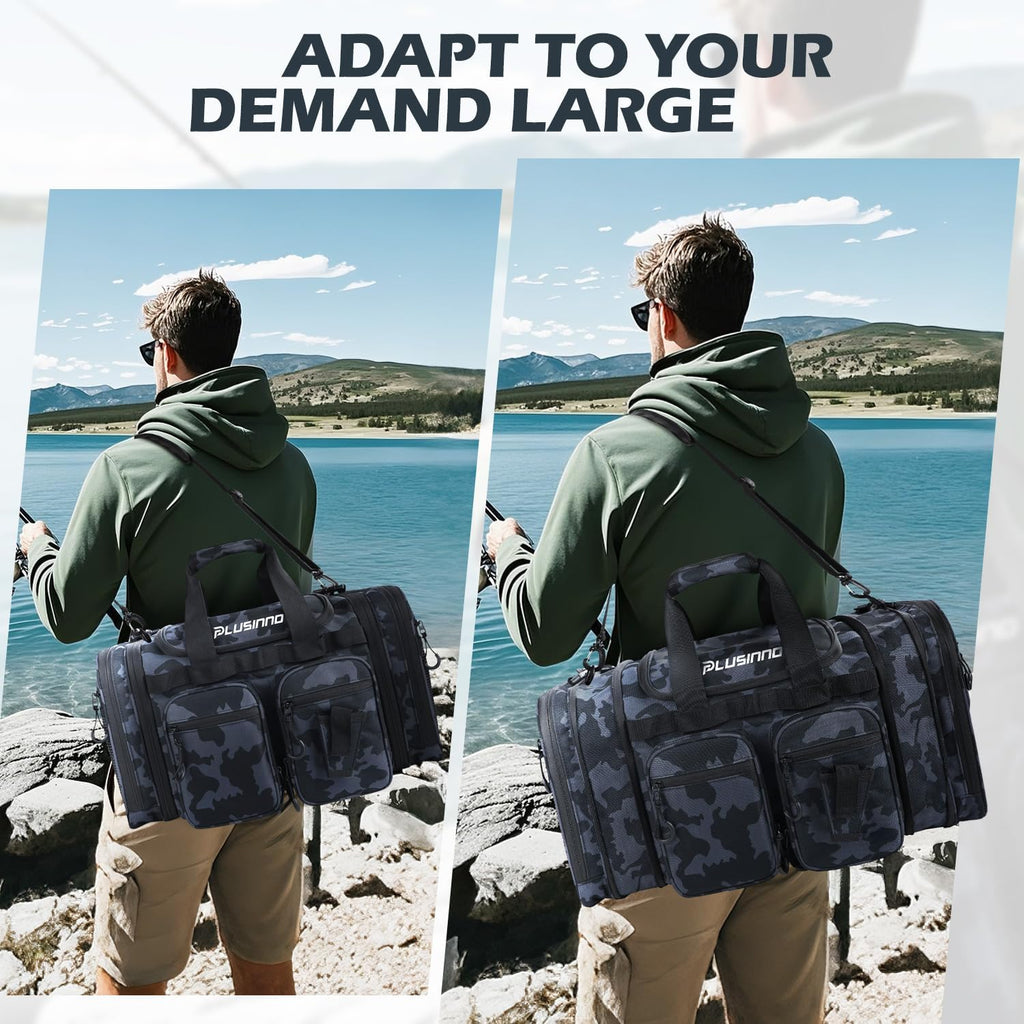 PLUSINNO Tackle Bag - Expandable Fishing Bag for Saltwater & Freshwater - Water Resistant Fishing Gear