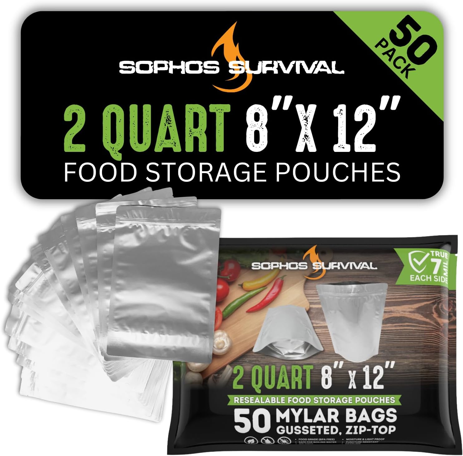 50 Mylar Bags for Food Storage, Airtight 7-Mil Thick Gusseted Zip Lock, Long Term, Reusable, Emergency Food Supply & Freeze Dryer Bags - 1 Cup 5x7 Inch