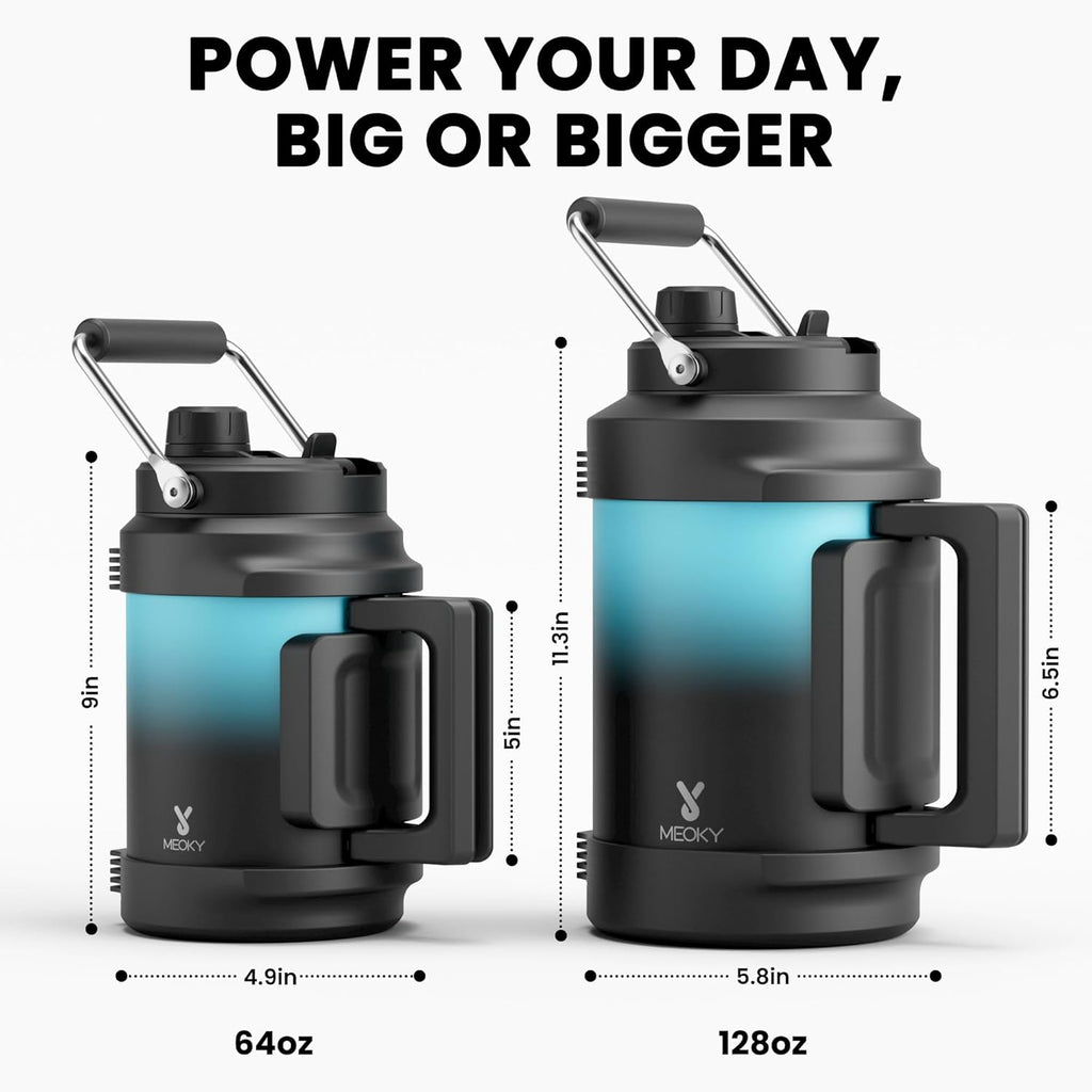 1 Gallon Insulated Water Bottle for Sports: Meoky 128 oz Triple Wall Vacuum Stainless Steel Water Jug - Top and Side Handles, Cold for 48 Hrs, 2-in-1 Straw and Spout Lid, Leak Proof for Hiking (Cyan)