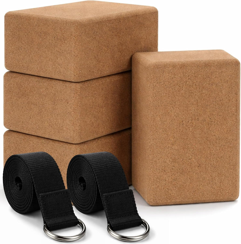 Leitee 6 Pcs Cork Yoga Blocks with Straps 9 x 6 x 4 Inch Cork Yoga Brick 8.2 FT Strap Non Slip High Density Bricks Exercise Blocks for Physical Stretching Flexibility Balance Fitness Pilates