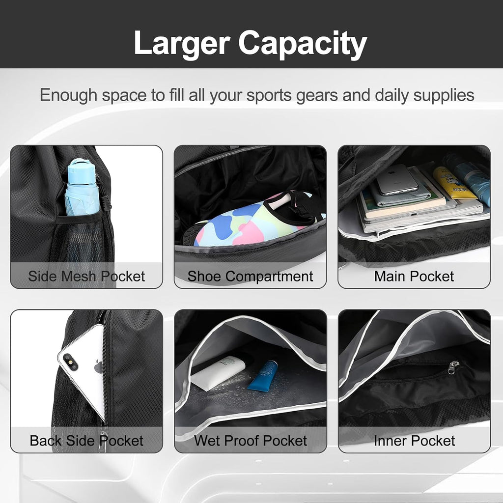 Hoedia Sports Drawstring Backpack - Swim Gym Bag for Women and Men