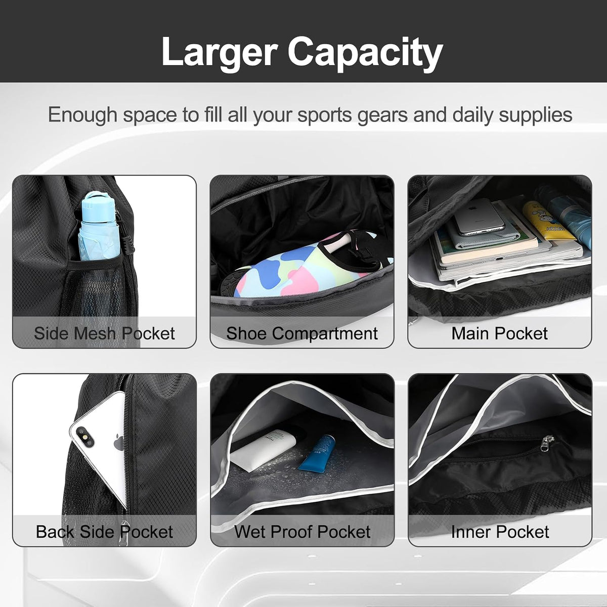 Hoedia Sports Drawstring Backpack - Swim Gym Bag for Women and Men