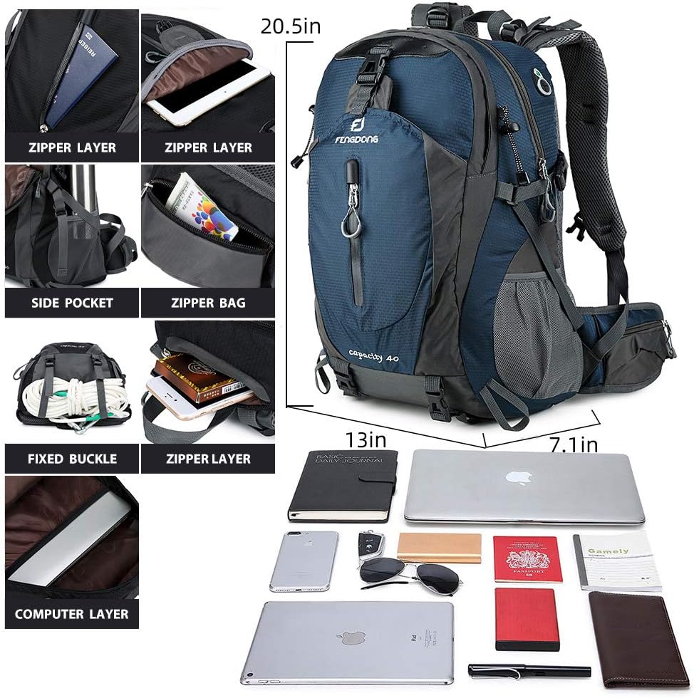 FENGDONG 40L Waterproof Lightweight Outdoor Daypack Hiking,Camping,Travel Backpack for Men Women Blue