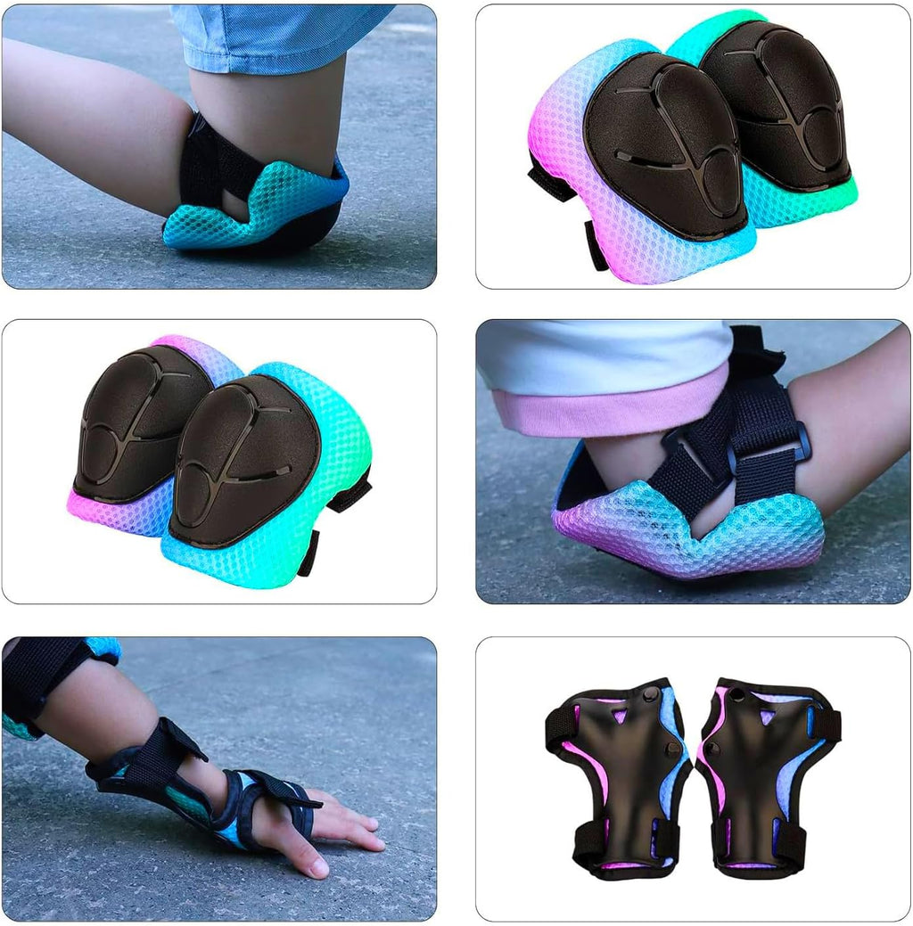 Color Gradient Adjustable Kids Bike Helmet with Knee & Elbow Pads Set | Multi-Sport Safety Gear for Boys & Girls Ages 5-14 | Skateboarding, Scooters, Roller & Inline Skating, Longboarding