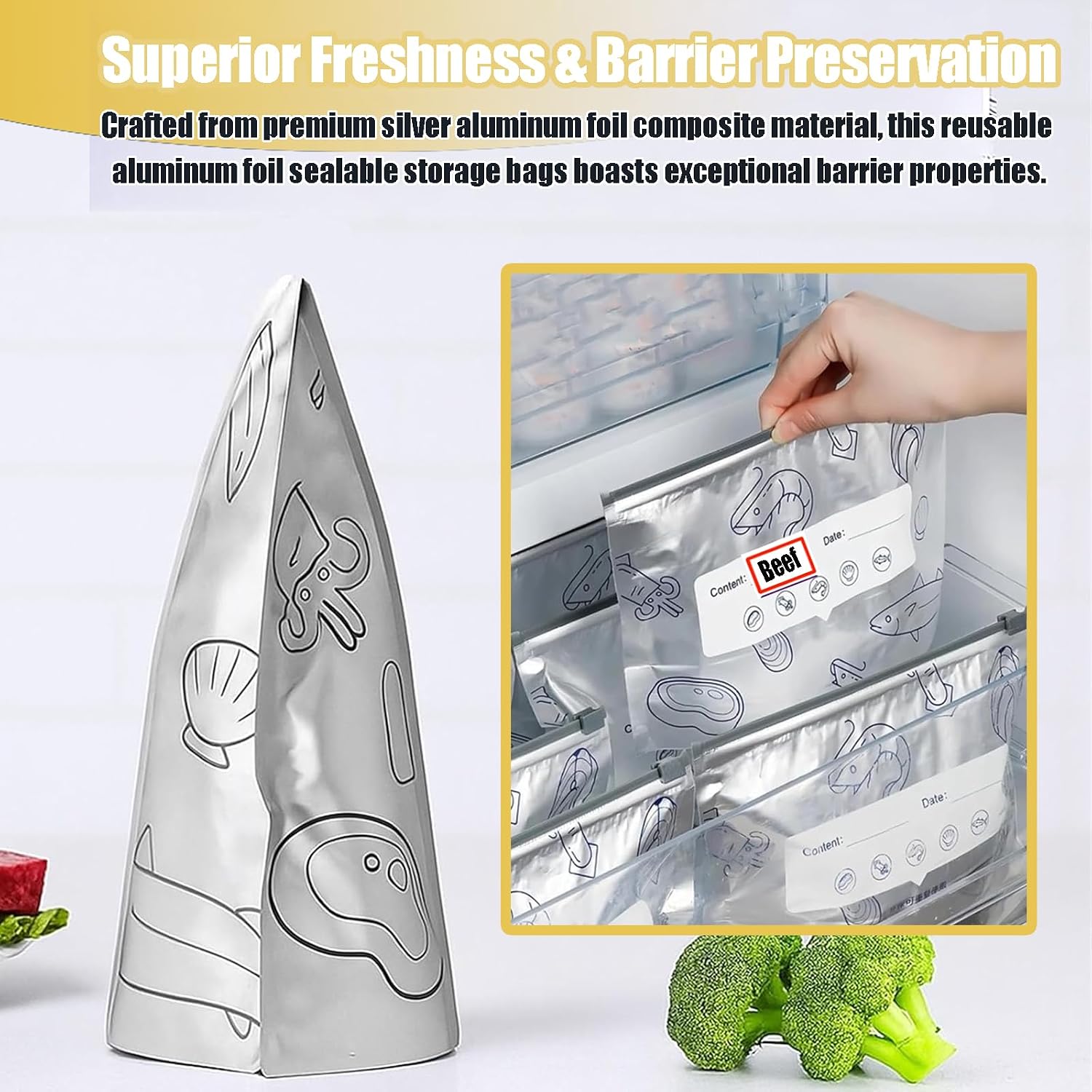 Reusable Aluminum Foil Sealable Storage Bags - Foil Sealable Bags for Food, Vegetables, Fruit, Meat, Snacks, Bread, Seafood Preservation
