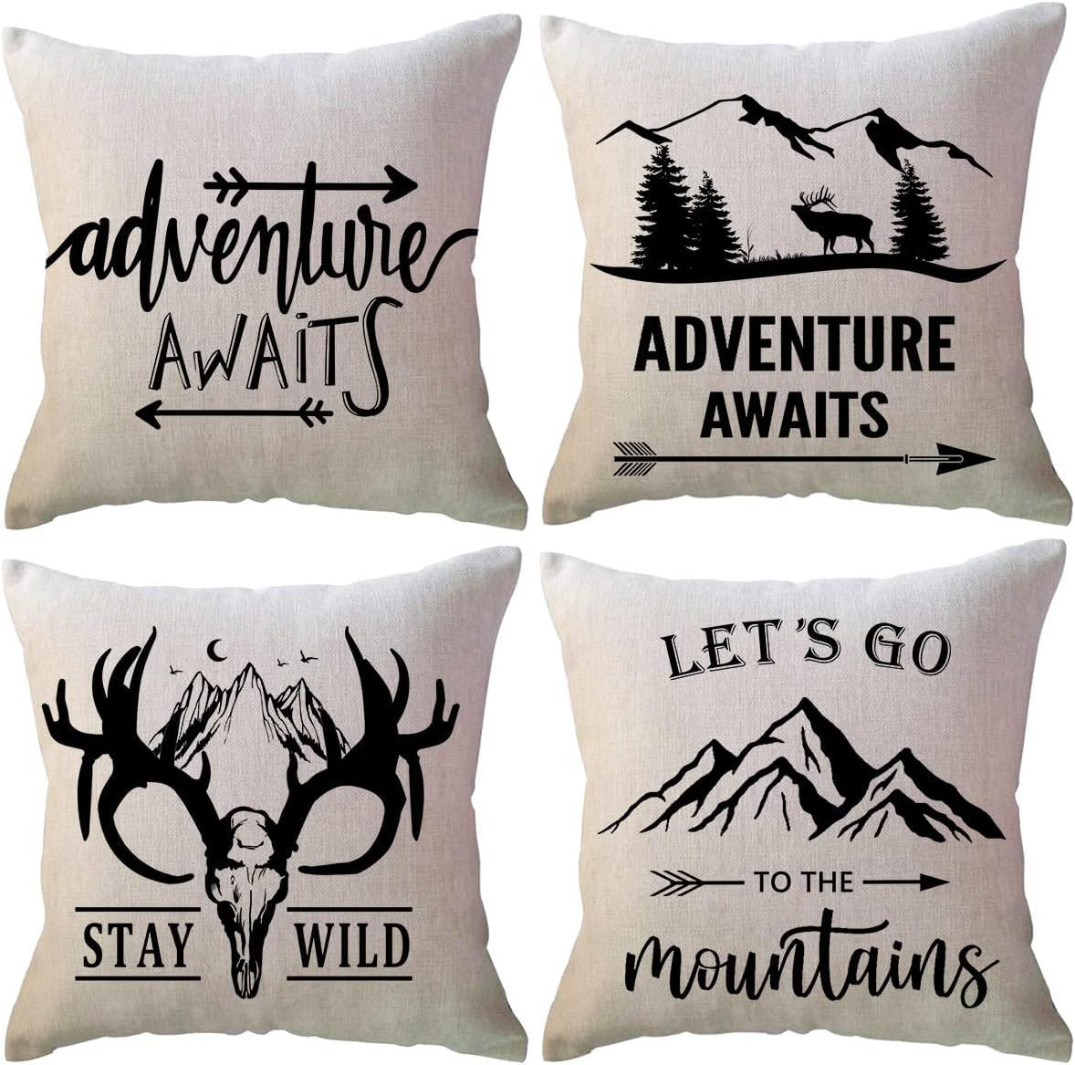ULOVE LOVE YOURSELF Camping Throw Pillow Covers 4Pack Outdoor Campfire Adventure Decorative Pillowcases Happy Campers Cushion Covers 18 X 18 Inch for Camper, Cabin Home Decor (Brown-Orange)