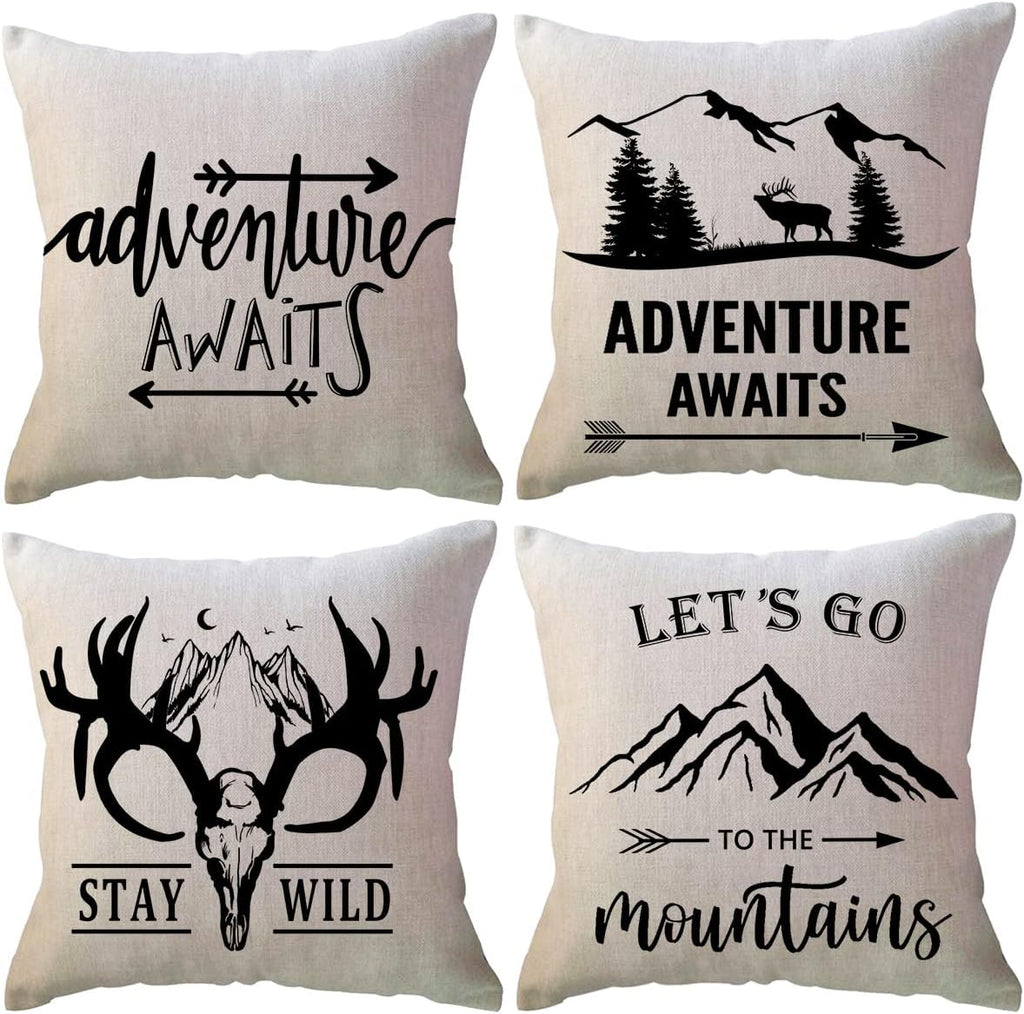 ULOVE LOVE YOURSELF Camping Throw Pillow Covers 4Pack Outdoor Campfire Adventure Decorative Pillowcases Rustic Camper Cushion Covers 18 X 18 Inch for Camper, Cabin Home Decor(Yellow/Green)