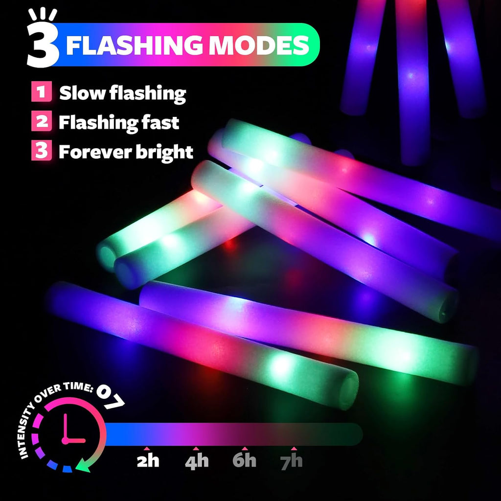 wellent 200 PCS LED Foam Glow Sticks Bulk, Glow in the Dark Party Supplies with 3 Modes Colorful Flashing, Neon Party Favors for Birthday, Wedding, Carnival, Concert, New Year