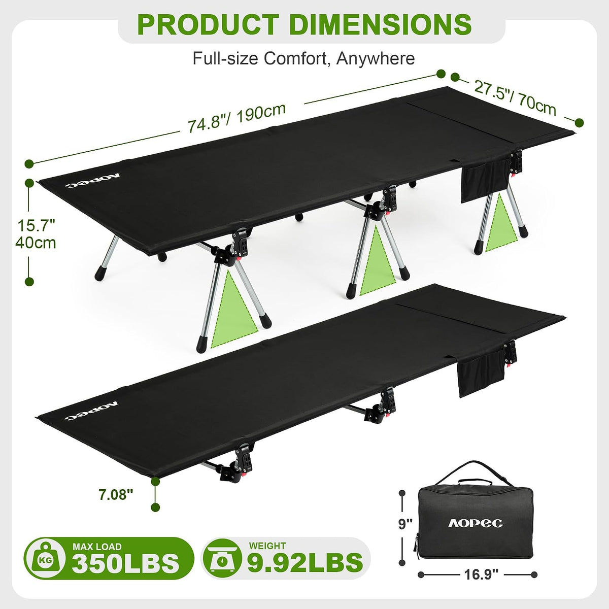 Height Adjustable Camping Cot, 350lbs Heavy-Duty Aluminum Frame, Black