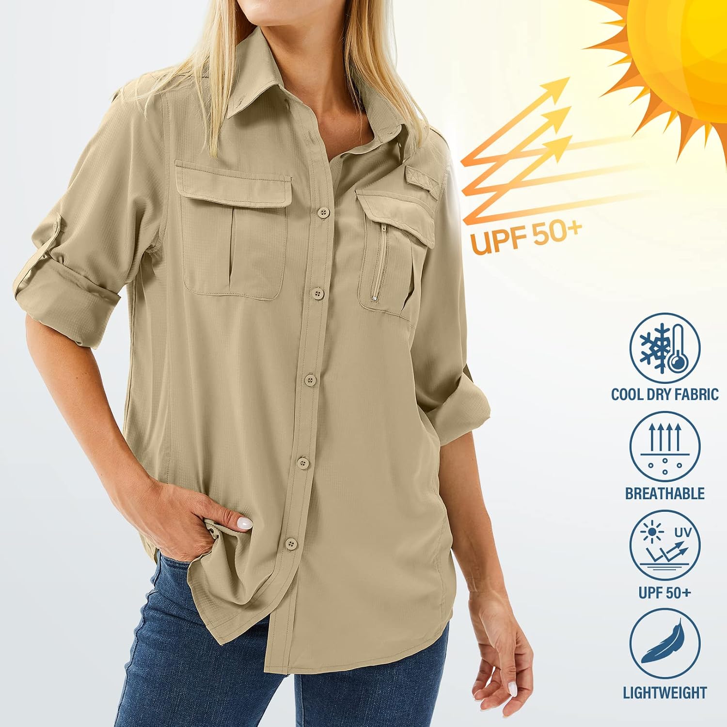 Women's UPF 50 Long Sleeve Sun Protection Safari Fish Hiking Shirts