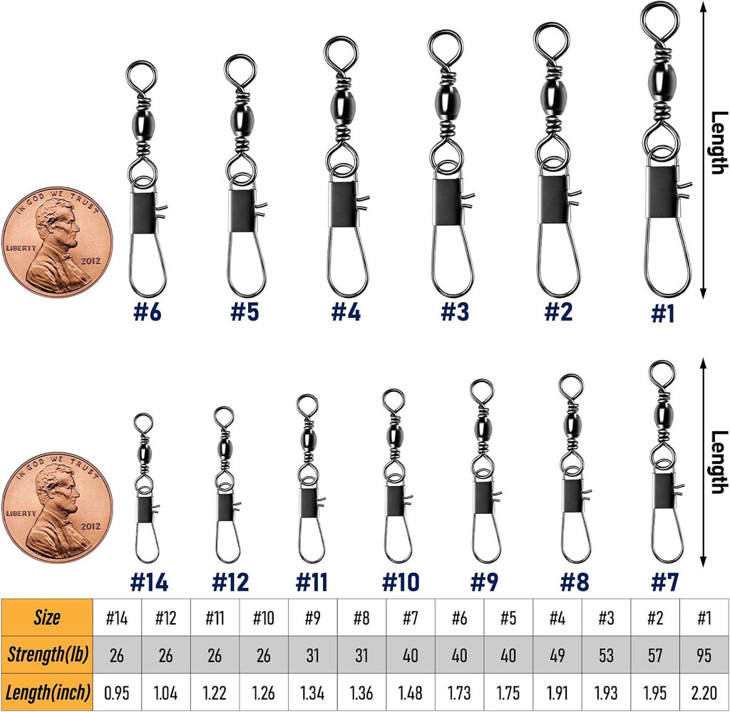 Alwonder 100-Pack Fishing Snap Swivels, Barrel Swivels Fishing Tackle with Snaps Freshwater, Stainless Steel Safty Interlock Snap Swivel Black Nickel Coated Lure Hook Connector Quick Change Clips