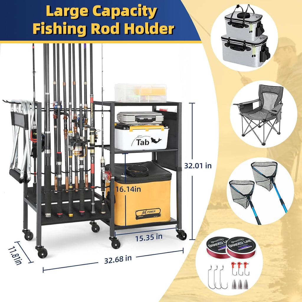 Olakee Fishing Rod Holders, Rolling Fishing Rod Rack for Garage & Boat, Tackle Box & Reel Holder Cart, Easy Assembly Fishing Gear Management System, Ideal Birthday Gift for Men Dad Anglers