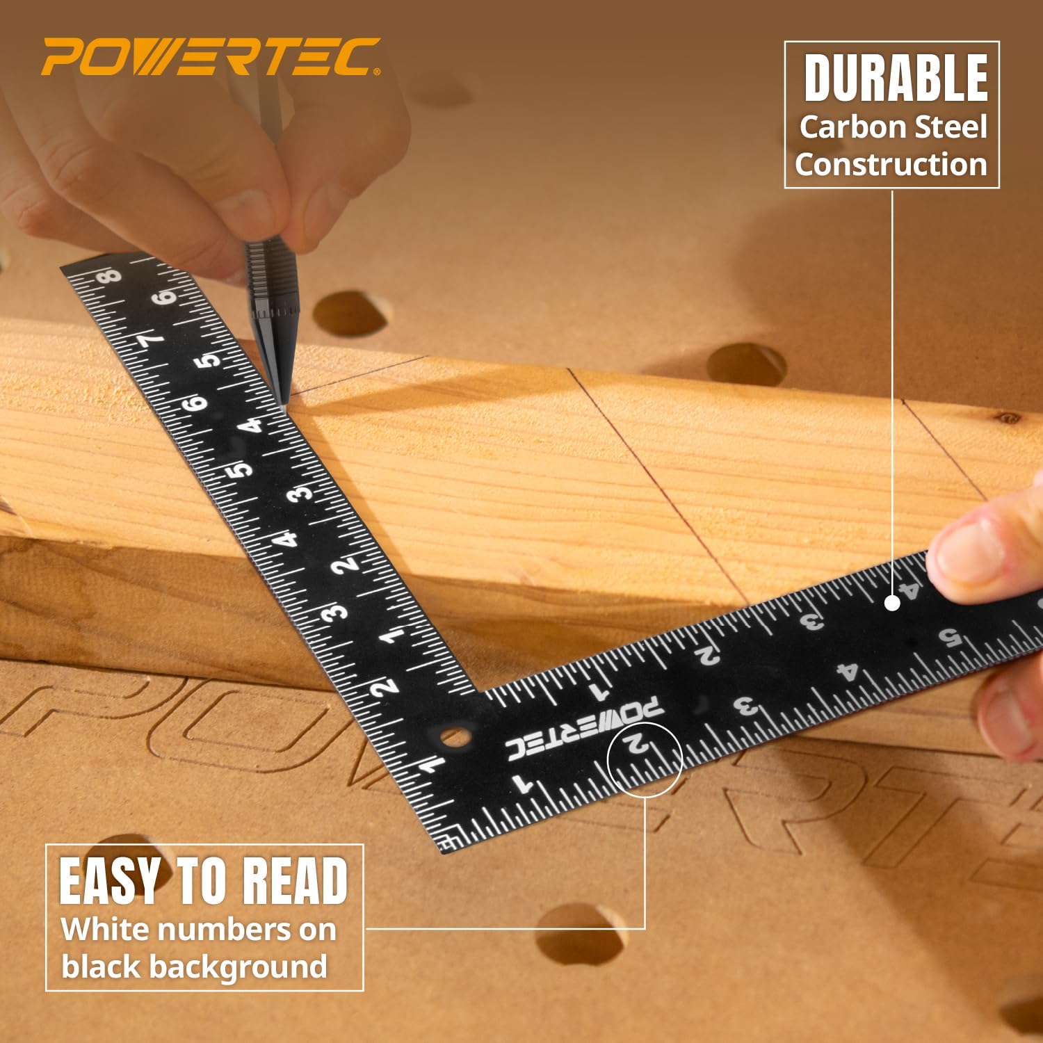 POWERTEC Carpenter Square 8" x 12" - L Square Ruler, Right Angle Square Tool, Woodworking Square for Carpentry, Construction, DIY, 2PK (80035-P2)