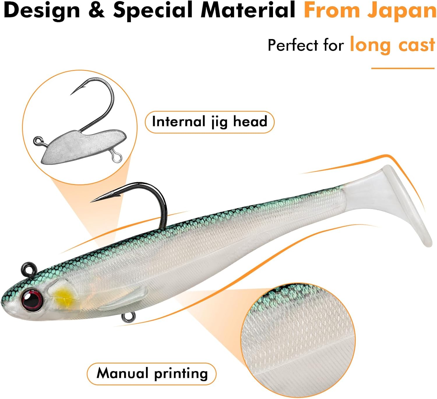 TRUSCEND Shadtale Easy Catch Soft Fishing Lures with BKK Hooks - Trembly Sinking and Vibrating Swim for More Bites, Pre-Rigged Swimbaits for Bass, Trout, Crappie, Walleye, Freshwater Saltwater Fishing