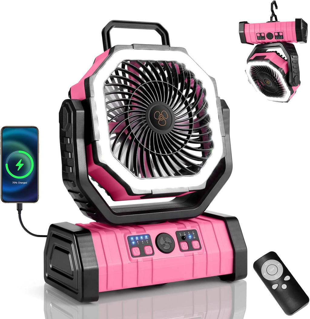 Odoland 30000mAh Camping Fan with LED Lantern, Rechargeable Battery Fan | Operated Oscillating Fan with Remote & Hook, Portable Tent Fan with Timer, 4 Speeds for Outdoor Camp RV Power Outage, Pink