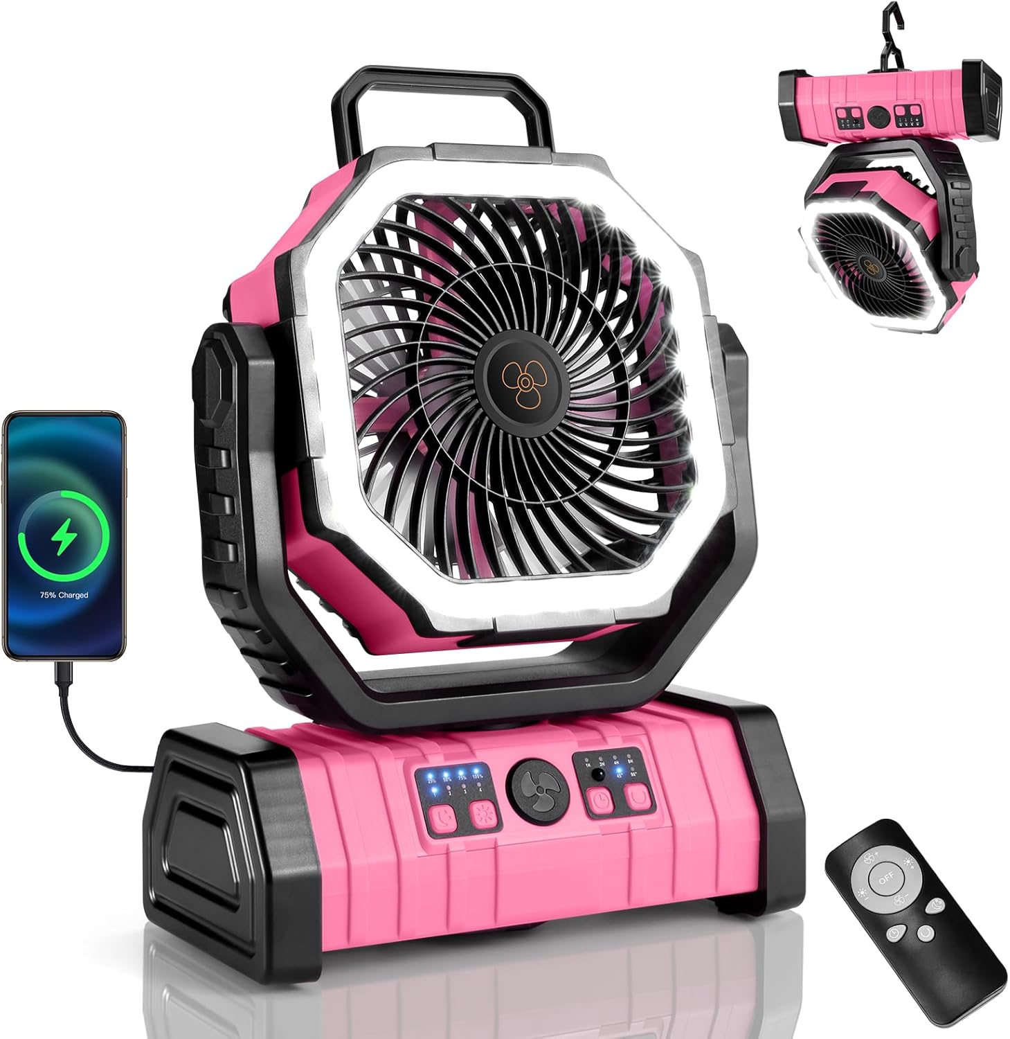 Odoland 30000mAh Camping Fan with LED Lantern, Rechargeable Battery Fan | Operated Oscillating Fan with Remote & Hook, Portable Tent Fan with Timer, 4 Speeds for Outdoor Camp RV Power Outage, Pink