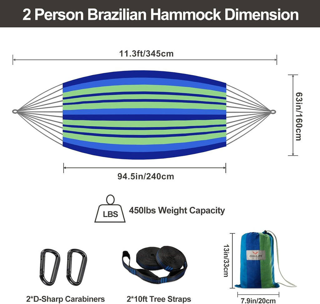 Brazilian Double Hammock with Tree Straps, Extra Large, 450 lbs Capacity