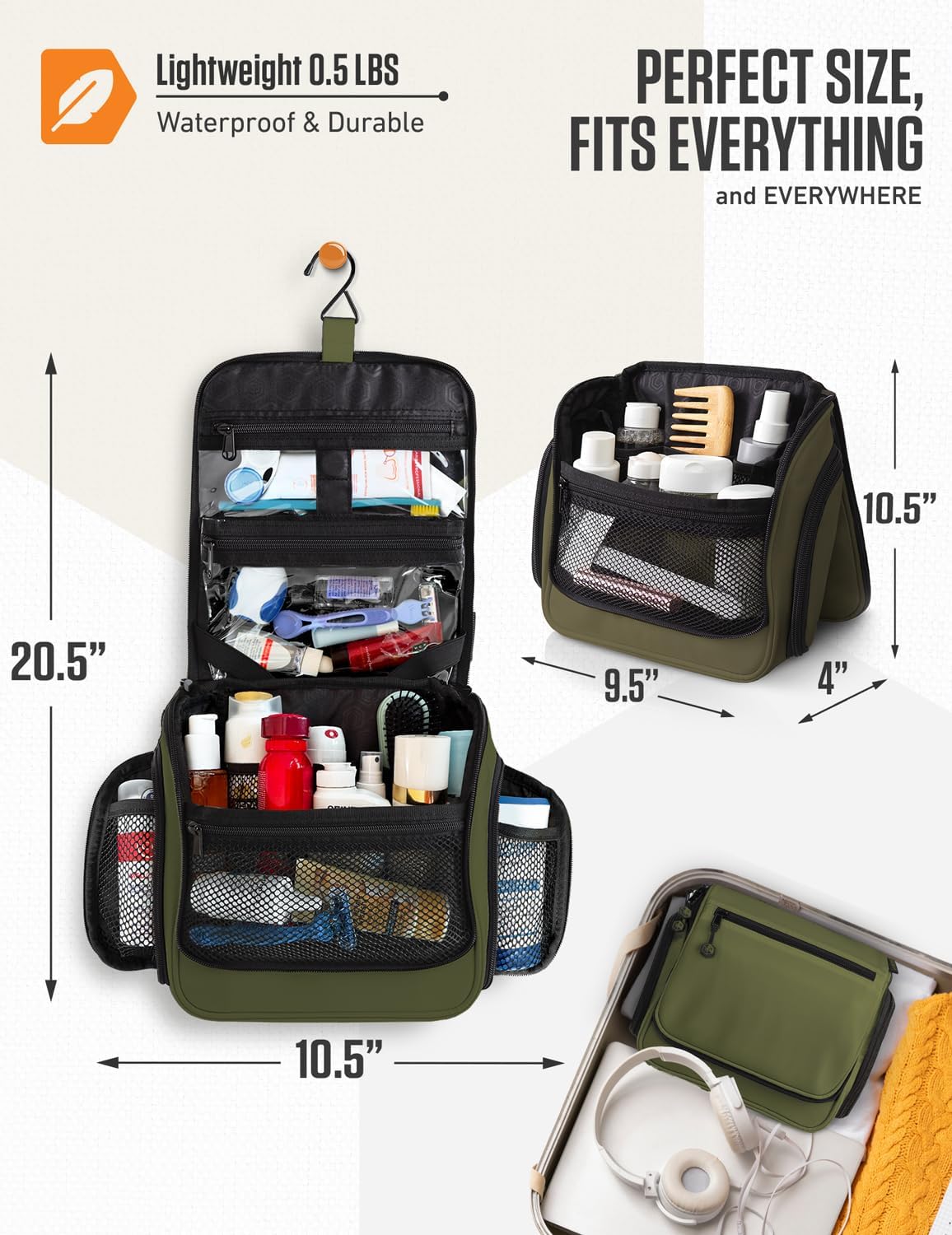 VENTURE 4TH Hanging Travel Toiletry Bag, 18 Compartments - Dark Green