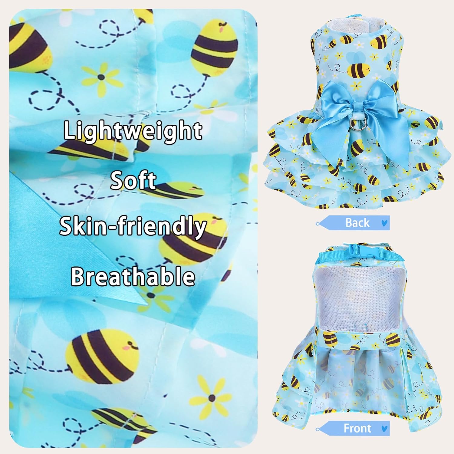 PUPTECK Summer Dog Dress with Bow and Leash Ring, Blue Yellow Bee M