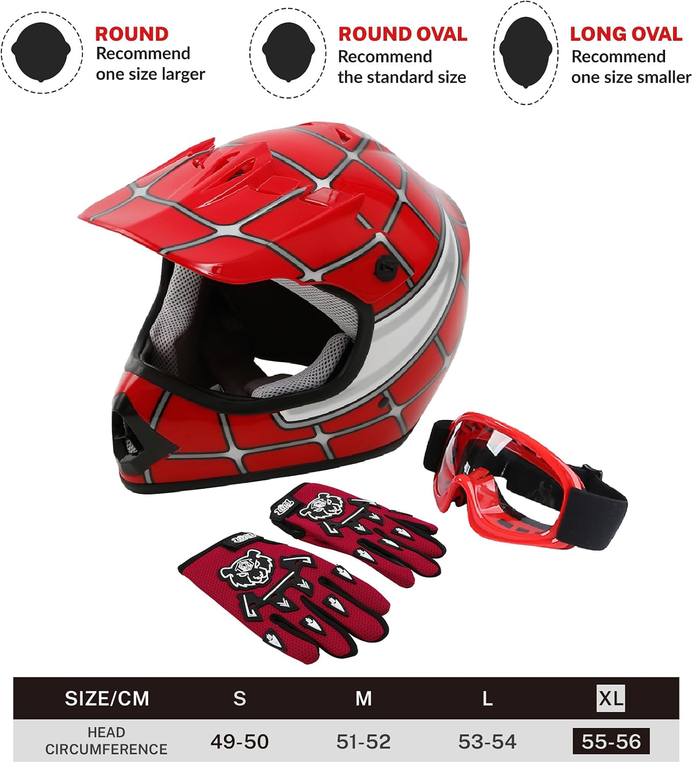 SLMOTO Dot Youth Kids Helmet Motocross Offroad Street Helmet Motorcycle Helmet Dirt Bike Motocross ATV Red Spider Design Helmet+Goggles+Gloves X-Large