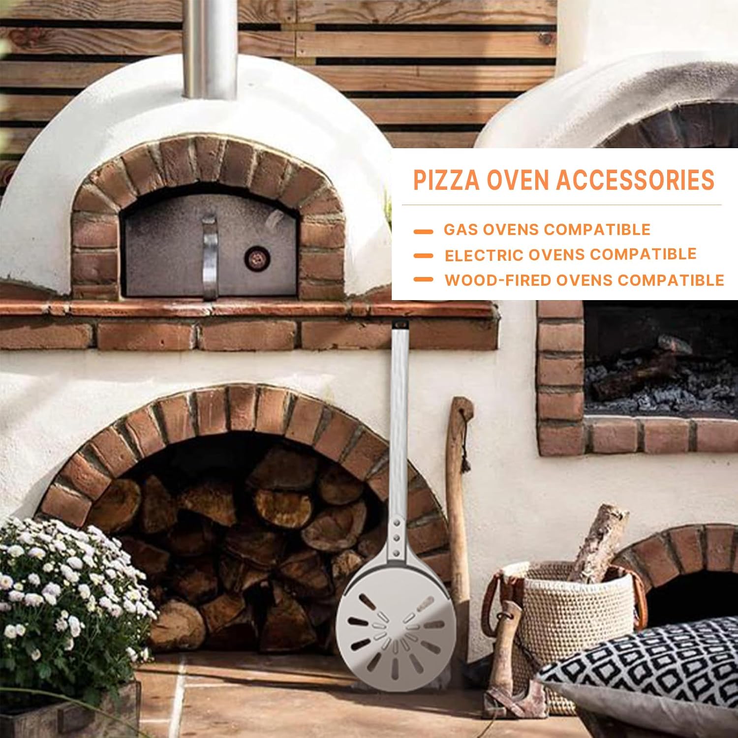Pizza Turning Peel, 8-inch Pizza Peel Turner Spinner with Non-Slip Long Handle & Silicone Hanging Hook, Essential Pizza Oven Accessories for Outdoor & Indoor Baking, Even Crispy Crust Every Time