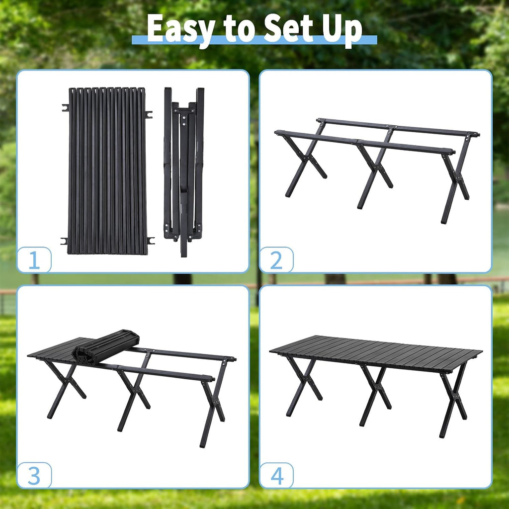 4Ft Aluminum Folding Camping Table, Portable Picnic Table, Outdoor Lightweight Collapsible Camp Table, Roll-up Camping Table for Beach,Party, Patio, BBQ, Travel, Backyard (Black Upgraded Version)