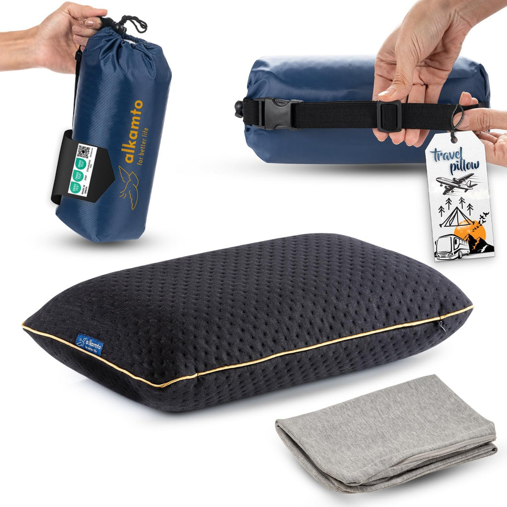 alkamto Travel & Camping Comfortable Memory Foam Pillow – Easy to Carry Portable Bag – Temperature Regulating Pillow Case (Black + Extra Cover)